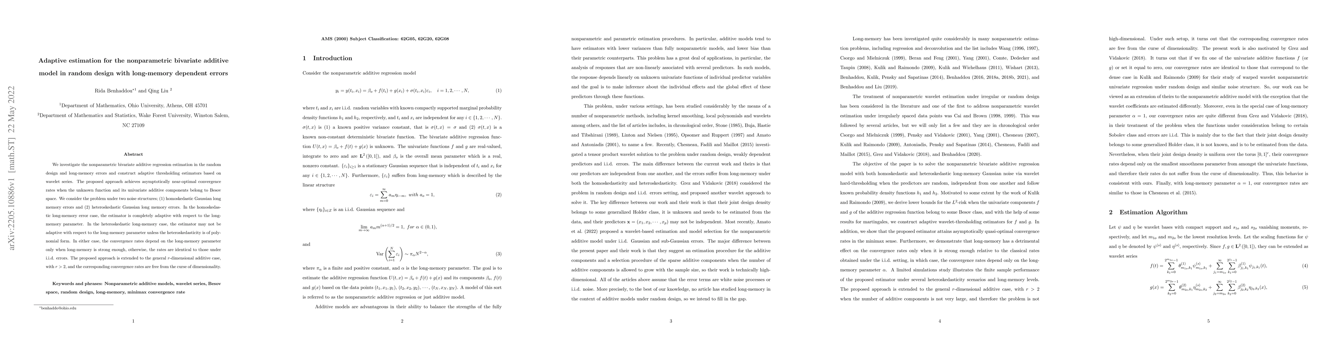 Thumbnail for Adaptive estimation for the nonparametric bivariate additive model in
  random design with long-memory dependent errors