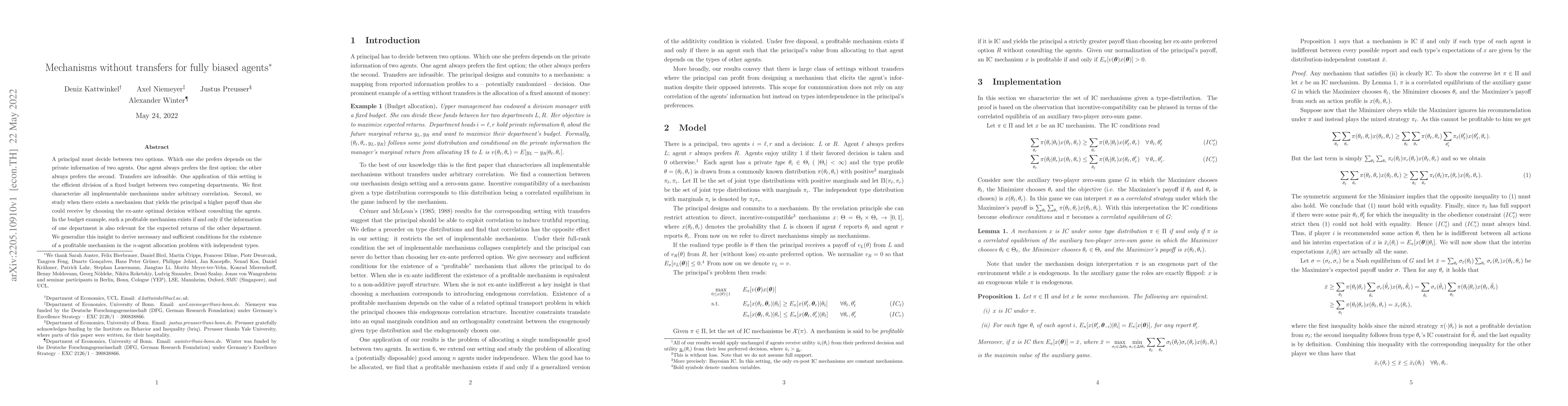 Thumbnail for Mechanisms without transfers for fully biased agents