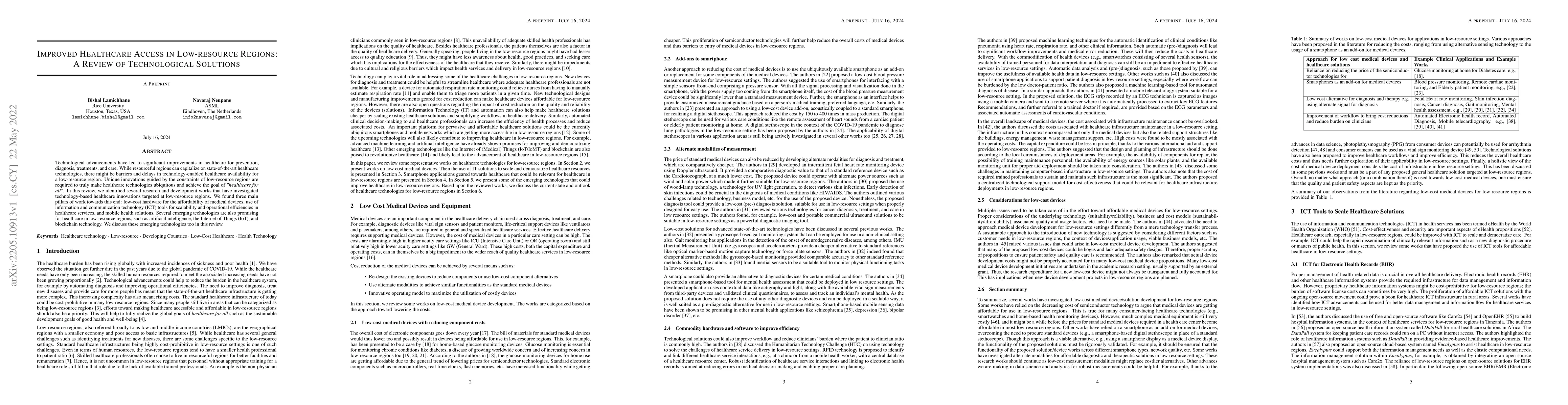 Thumbnail for Improved Healthcare Access in Low-resource Regions: A Review of
  Technological Solutions