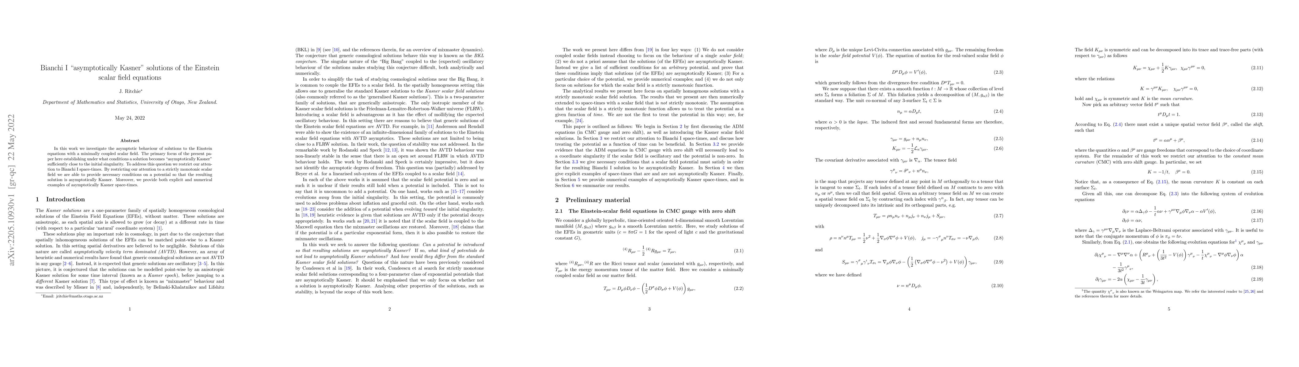 Thumbnail for Bianchi I "asymptotically Kasner" solutions of the Einstein scalar field
  equations