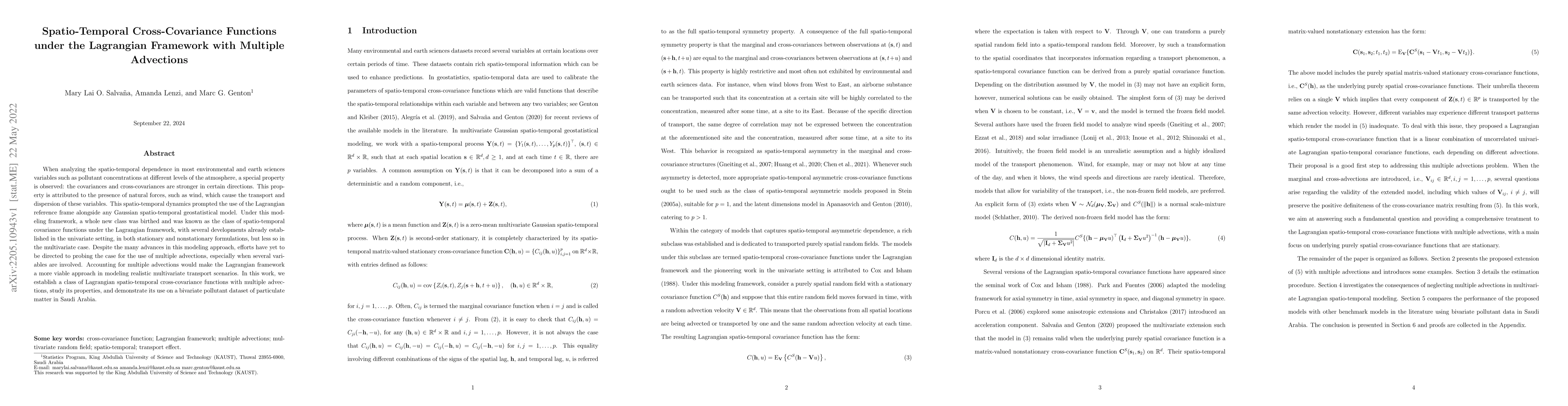 Thumbnail for Spatio-Temporal Cross-Covariance Functions under the Lagrangian
  Framework with Multiple Advections