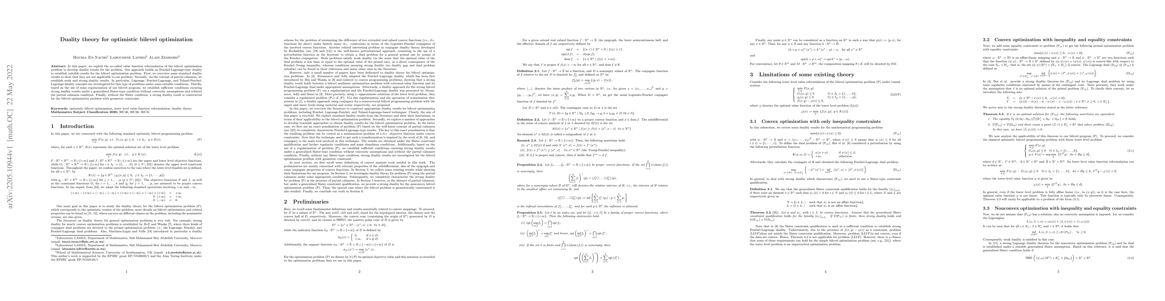 Thumbnail for Duality theory for optimistic bilevel optimization