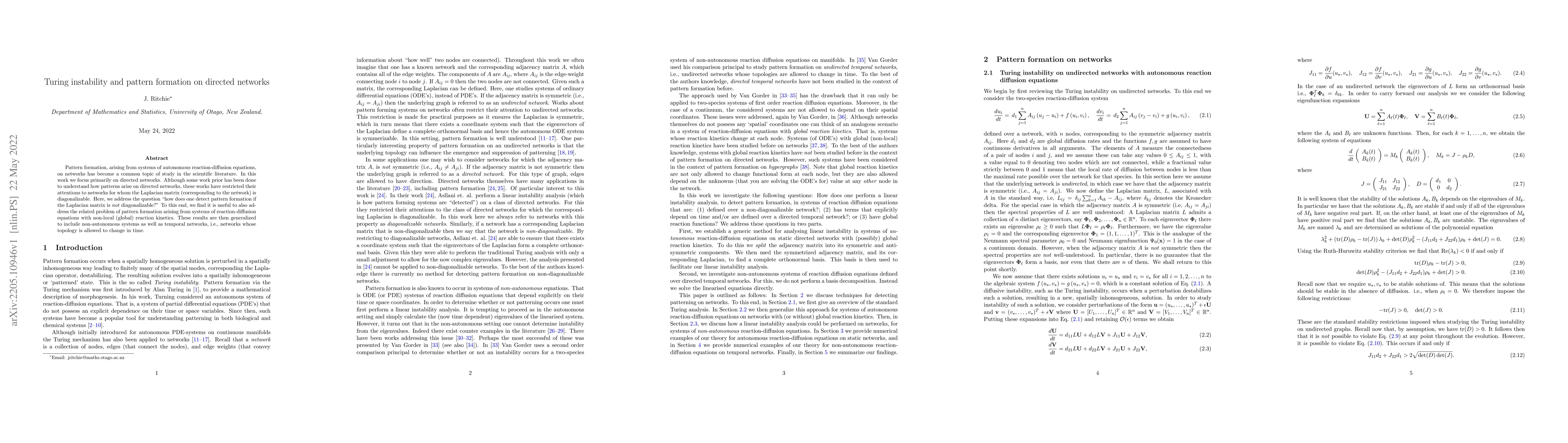 Thumbnail for Turing instability and pattern formation on directed networks