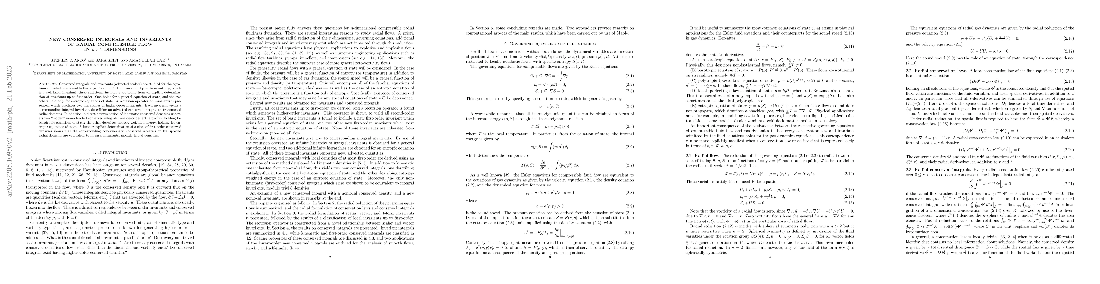 Thumbnail for New conserved integrals and invariants of radial compressible flow in
  $n>1$ dimensions