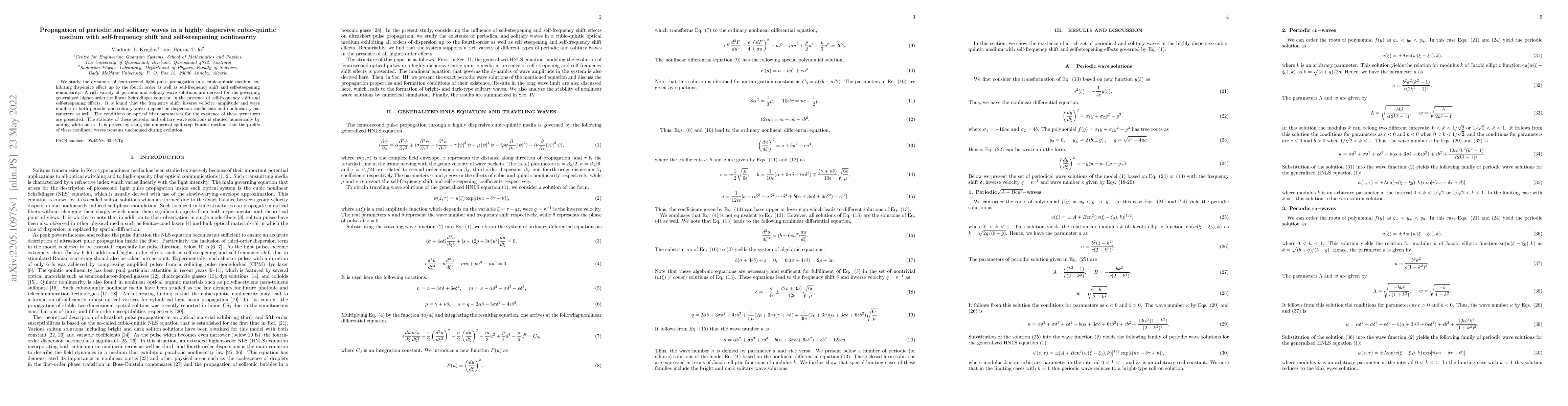 Thumbnail for Propagation of periodic and solitary waves in a highly dispersive
  cubic-quintic medium with self-frequency shift and self-steepening
  nonlinearity