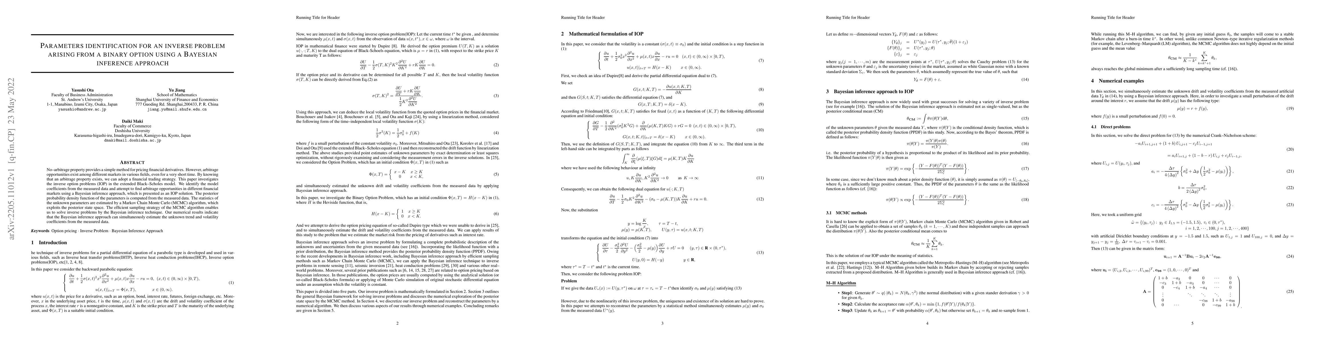 Thumbnail for Parameters identification for an inverse problem arising from a binary
  option using a Bayesian inference approach