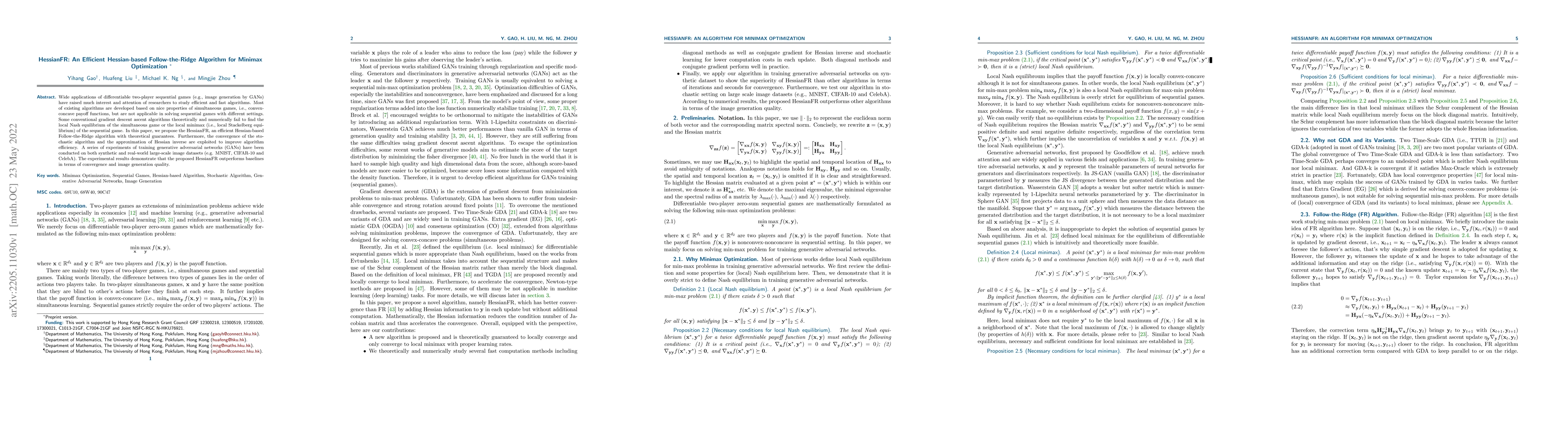 Thumbnail for HessianFR: An Efficient Hessian-based Follow-the-Ridge Algorithm for
  Minimax Optimization