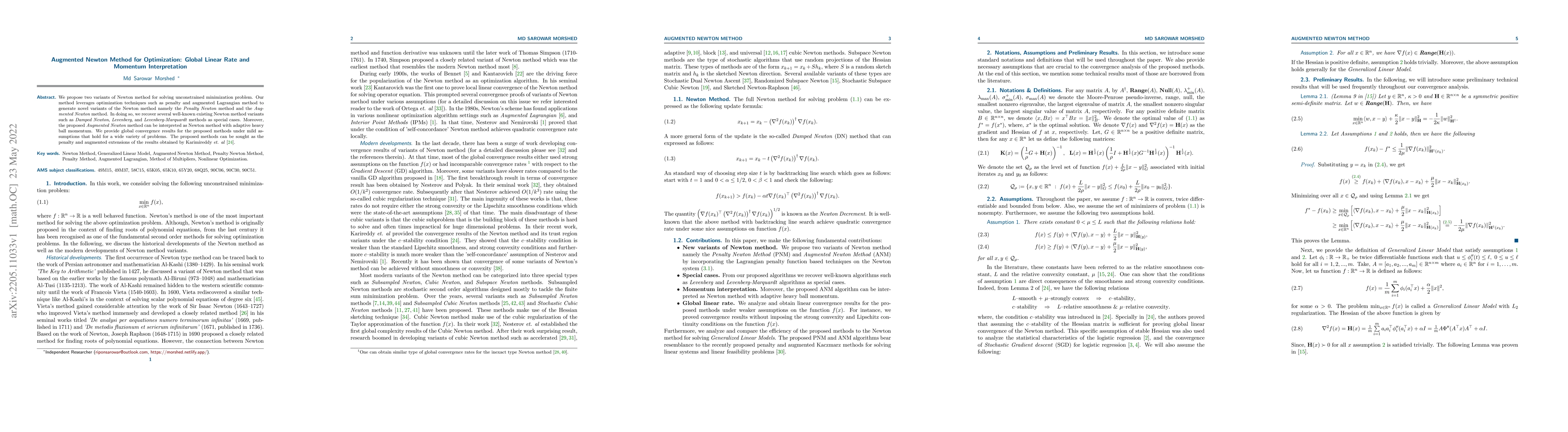 Thumbnail for Augmented Newton Method for Optimization: Global Linear Rate and
  Momentum Interpretation