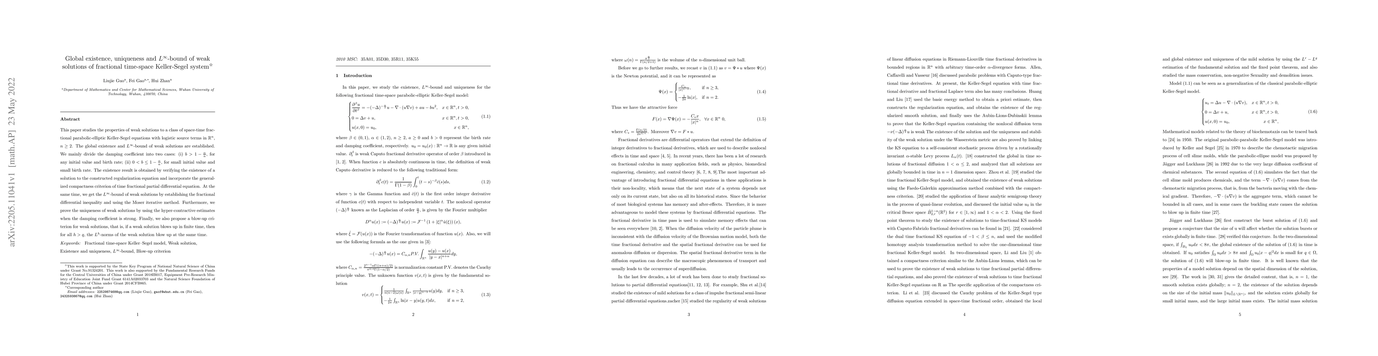 Thumbnail for Global existence, uniqueness and $L^{\infty}$-bound of weak solutions of
  fractional time-space Keller-Segel system