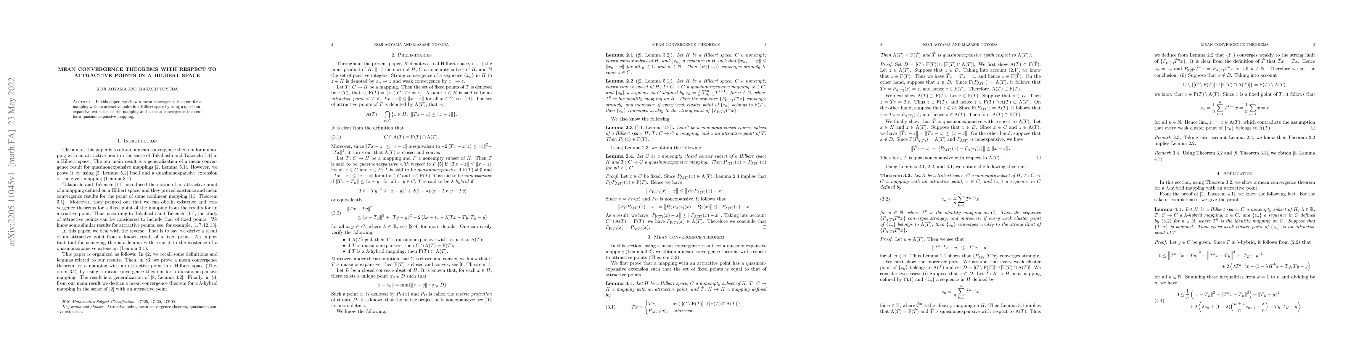 Thumbnail for Mean convergence theorems with respect to attractive points in a Hilbert
  space