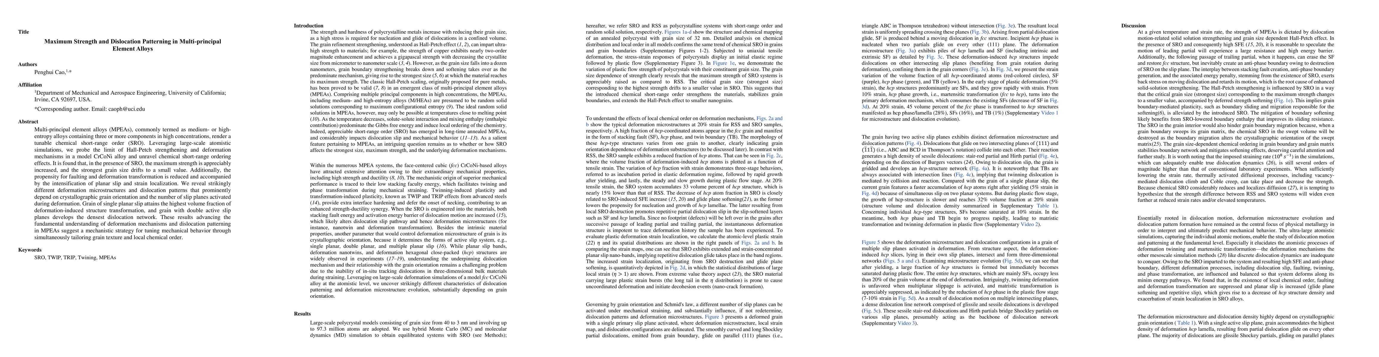 Thumbnail for Maximum strength and dislocation patterning in multi-principal element
  alloys