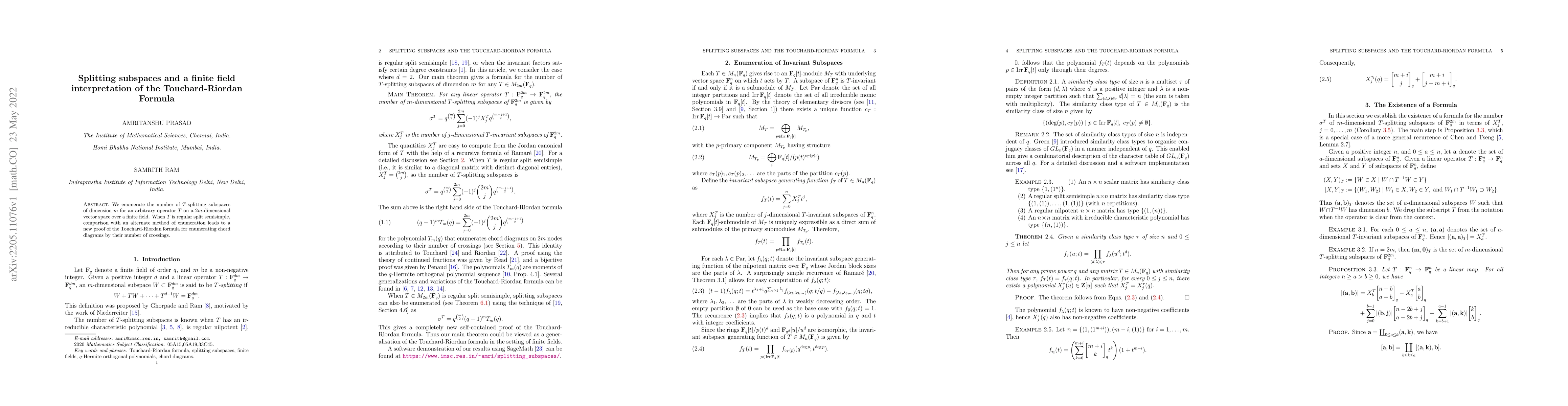 Thumbnail for Splitting subspaces and a finite field interpretation of the
  Touchard-Riordan Formula