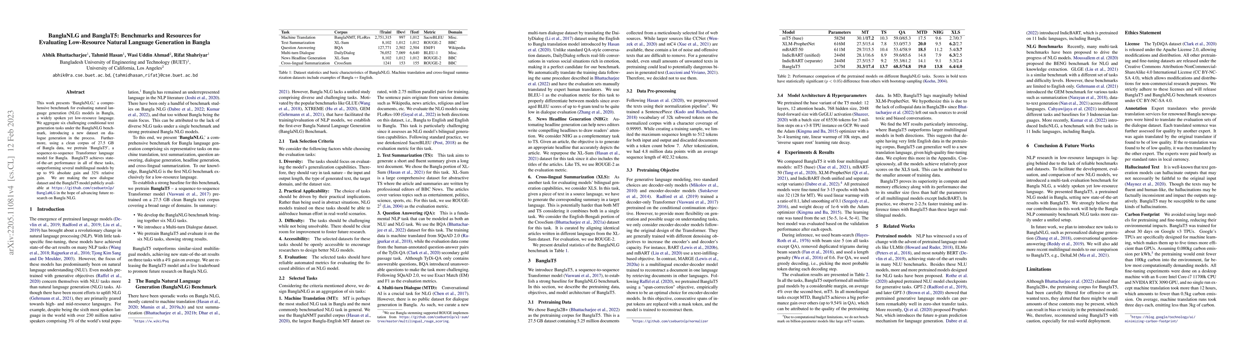 Thumbnail for BanglaNLG and BanglaT5: Benchmarks and Resources for Evaluating
  Low-Resource Natural Language Generation in Bangla