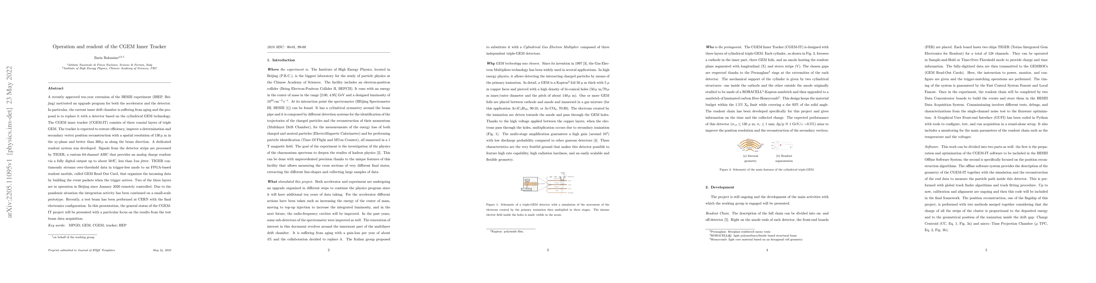 Thumbnail for Operation and readout of the CGEM Inner Tracker