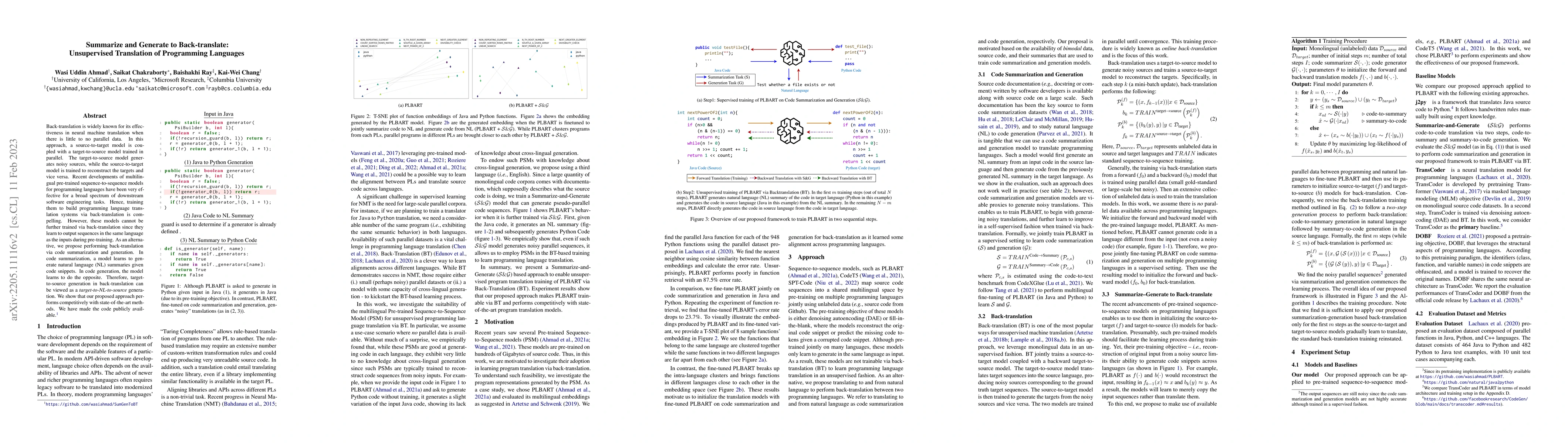 Thumbnail for Summarize and Generate to Back-translate: Unsupervised Translation of
  Programming Languages