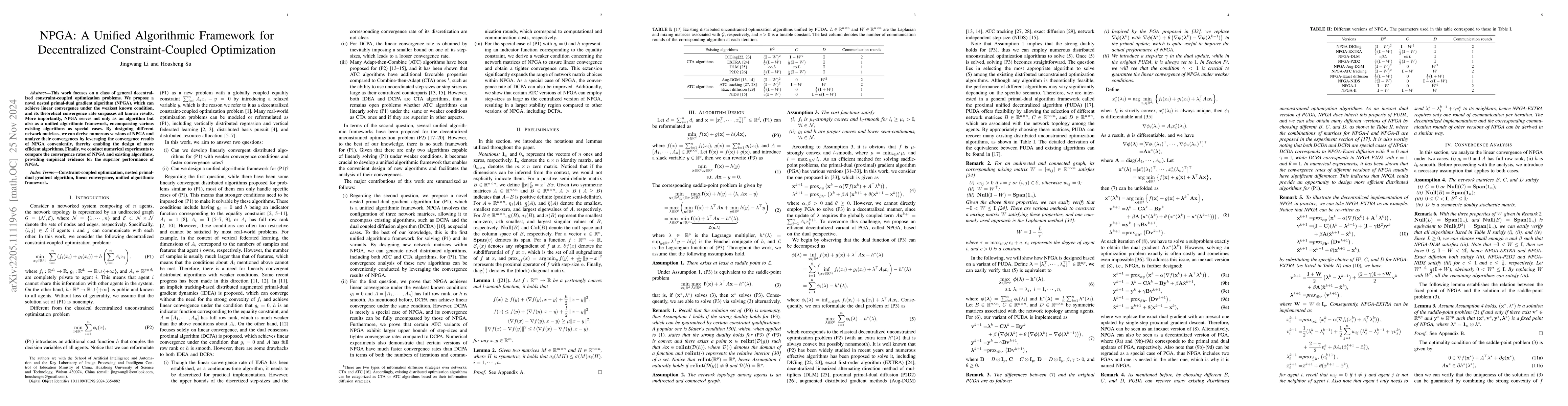 Thumbnail for NPGA: A Unified Algorithmic Framework for Decentralized
  Constraint-Coupled Optimization