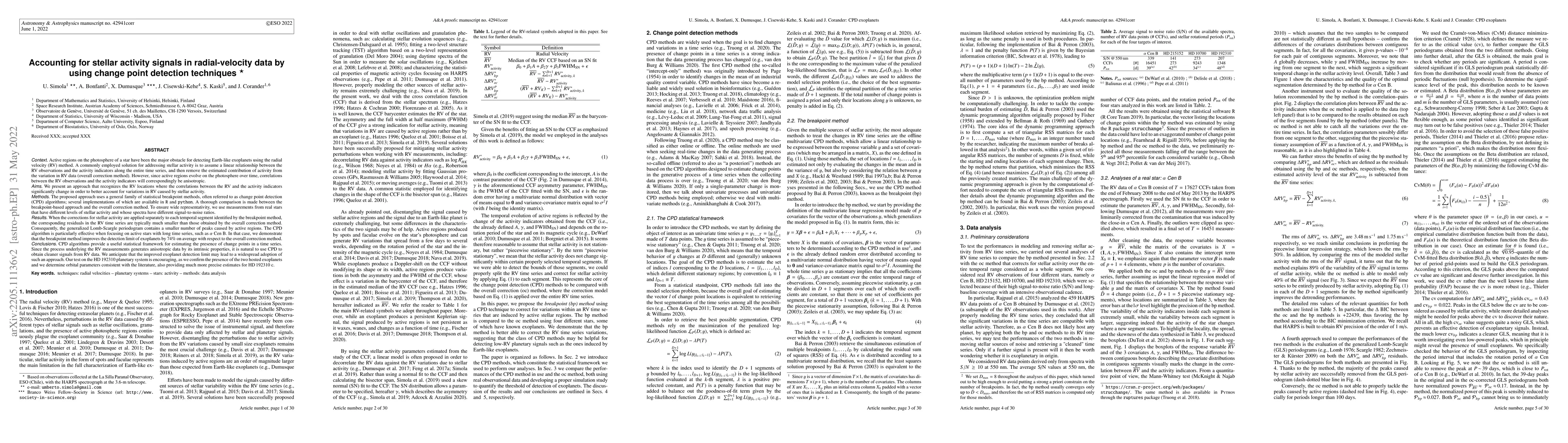 Thumbnail for Accounting for stellar activity signals in radial-velocity data by using
  Change Point Detection techniques