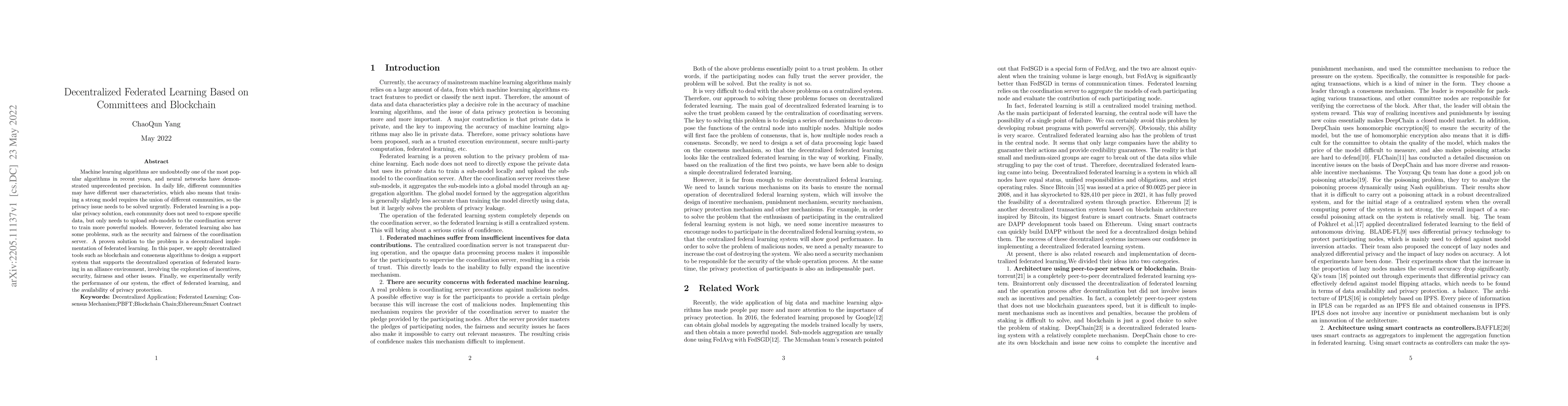 Thumbnail for Decentralized Federated Learning Based on Committees and Blockchain