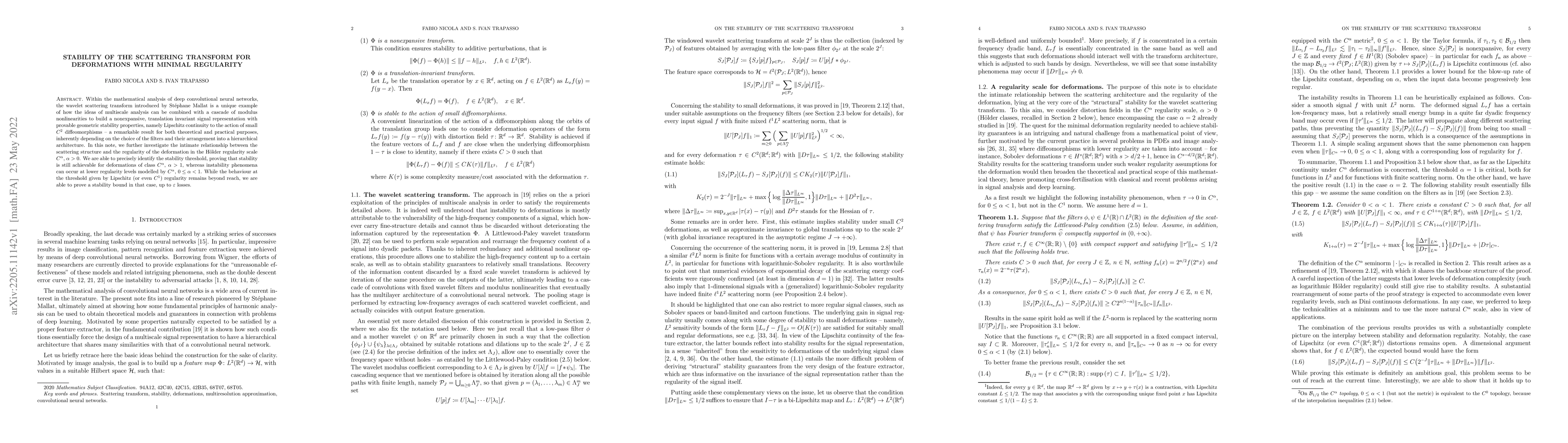 Thumbnail for Stability of the scattering transform for deformations with minimal
  regularity