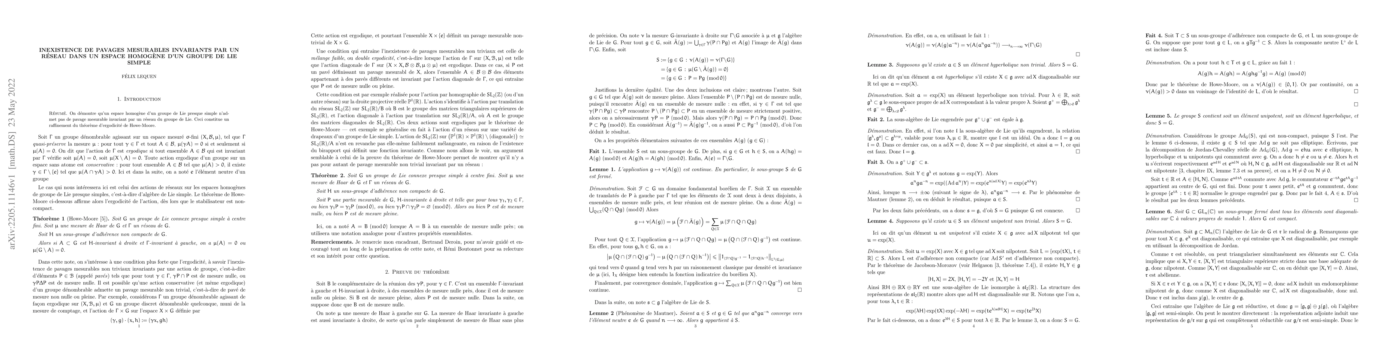 Thumbnail for Inexistence de pavages mesurables invariants par un r\'eseau dans un
  espace homog\`ene d'un groupe de Lie simple