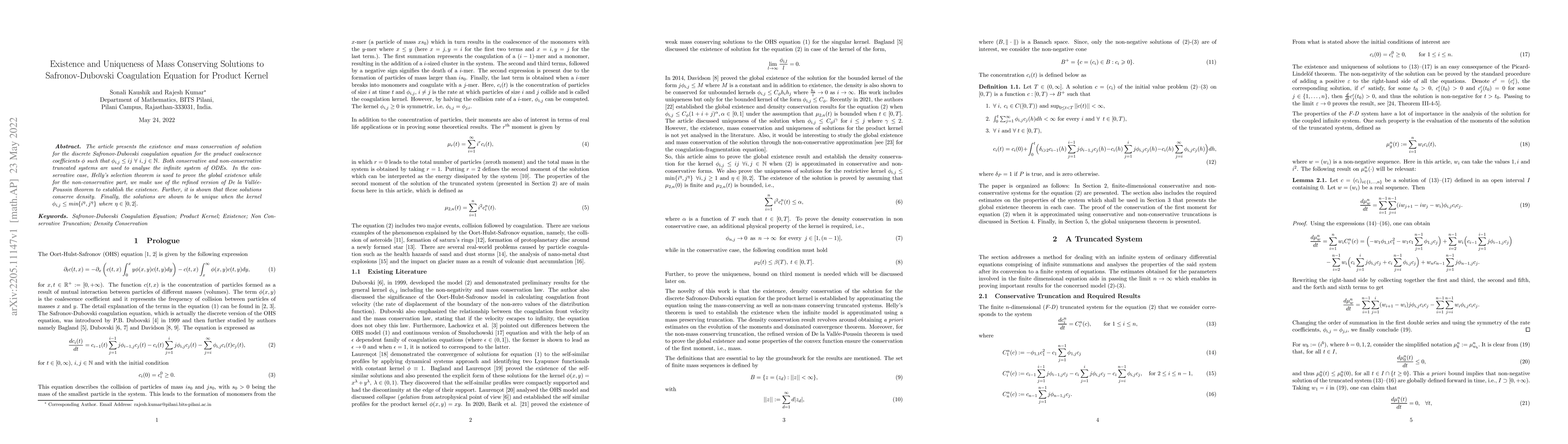 Thumbnail for Existence and Uniqueness of Mass Conserving Solutions to
  Safronov-Dubovski Coagulation Equation for Product Kernel