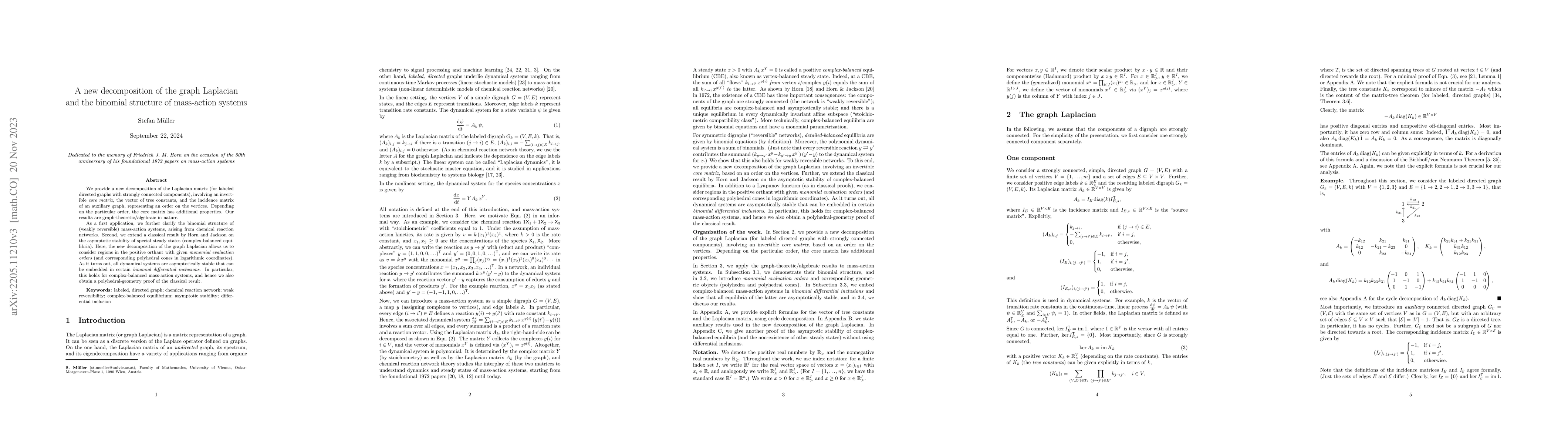 Thumbnail for A new decomposition of the graph Laplacian and the binomial structure of
  mass-action systems