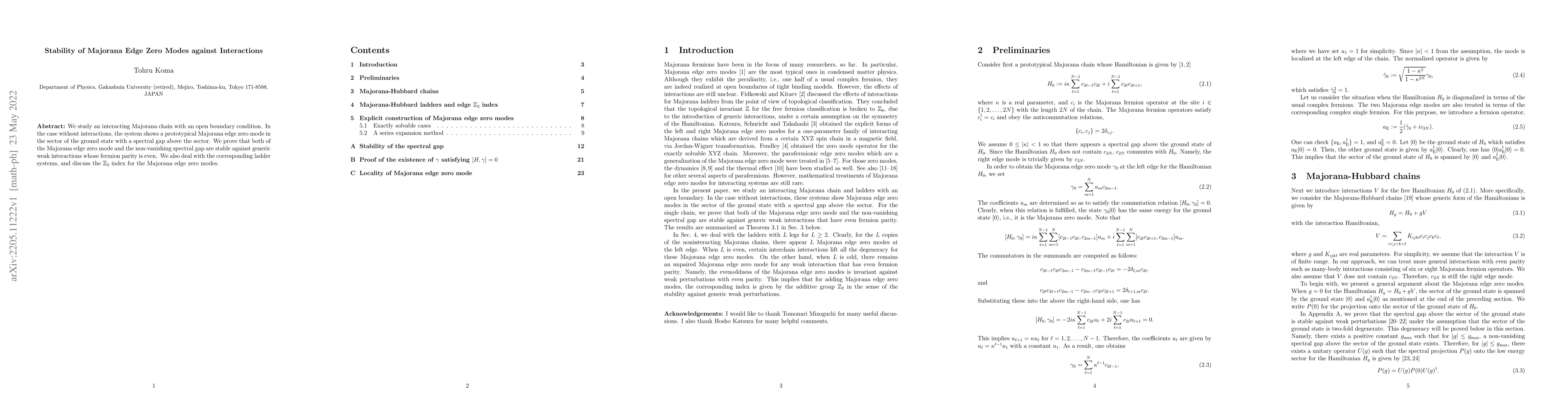 Thumbnail for Stability of Majorana Edge Zero Modes against Interactions