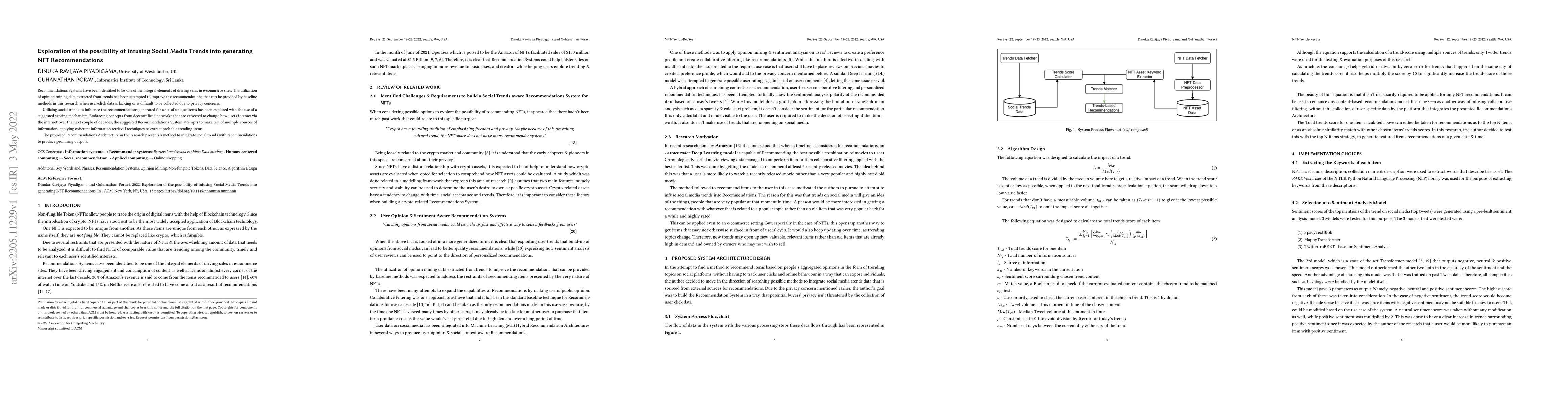 Thumbnail for Exploration of the possibility of infusing Social Media Trends into
  generating NFT Recommendations