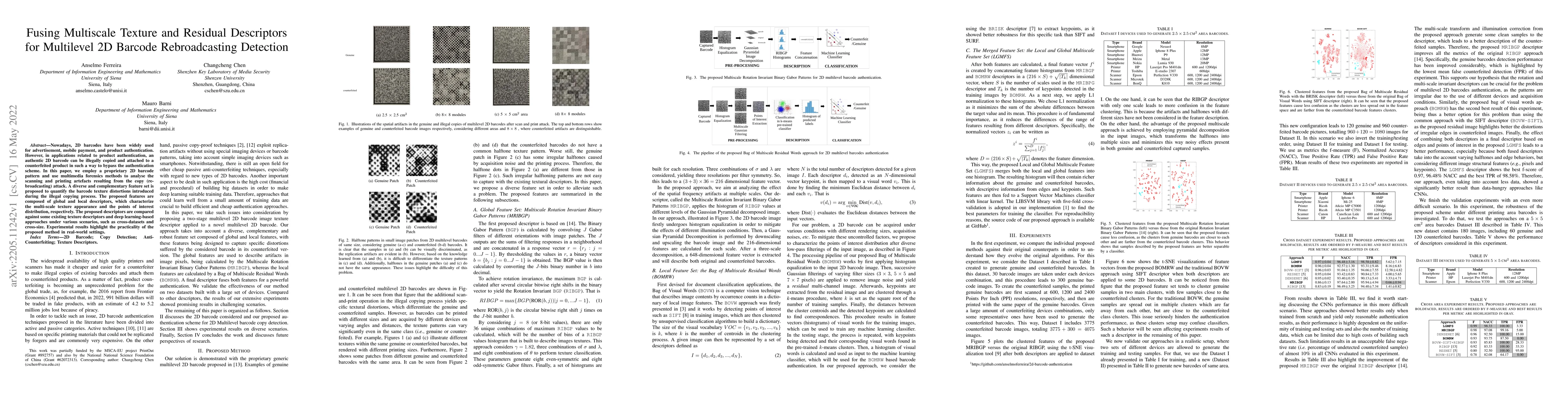 Thumbnail for Fusing Multiscale Texture and Residual Descriptors for Multilevel 2D
  Barcode Rebroadcasting Detection