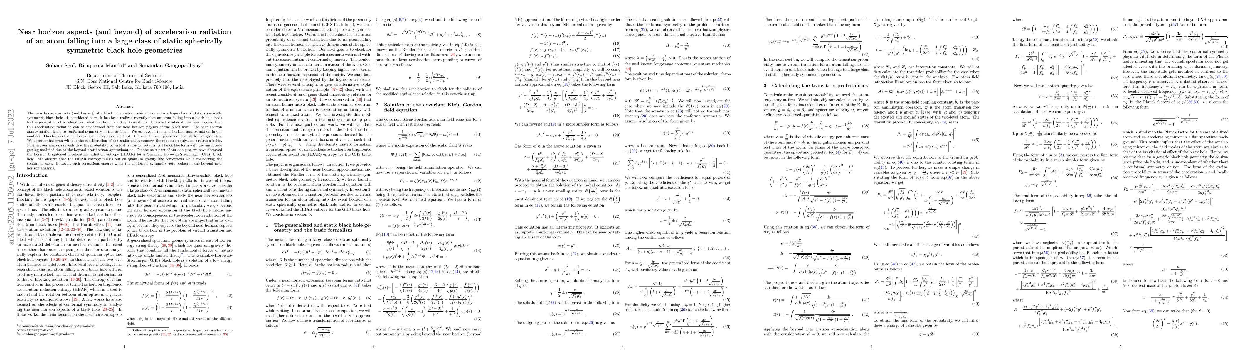 Thumbnail for Near horizon aspects (and beyond) of acceleration radiation of an atom
  falling into a large class of static spherically symmetric black hole
  geometries