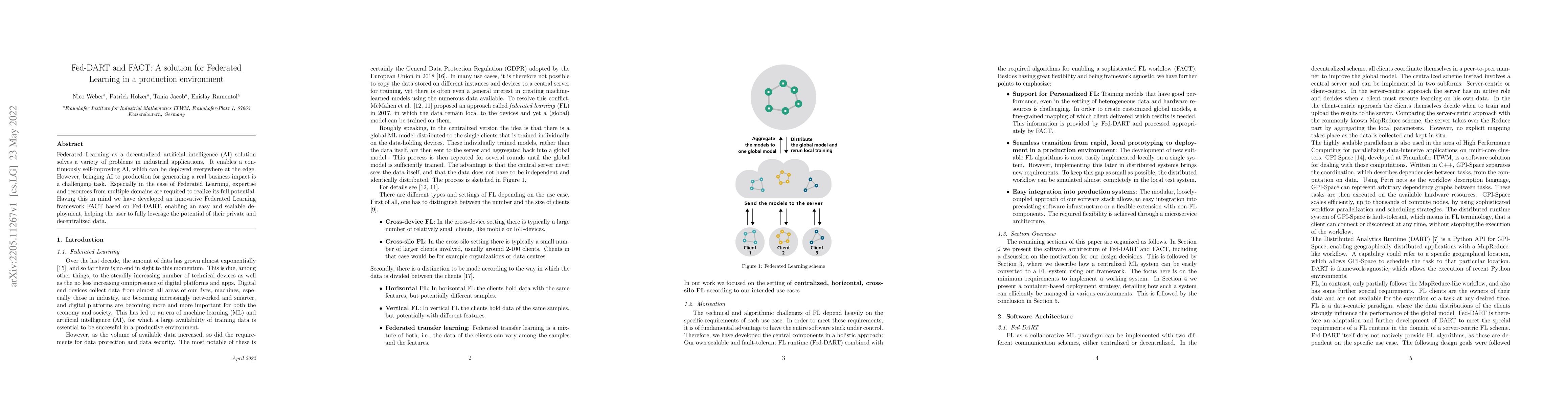 Thumbnail for Fed-DART and FACT: A solution for Federated Learning in a production
  environment