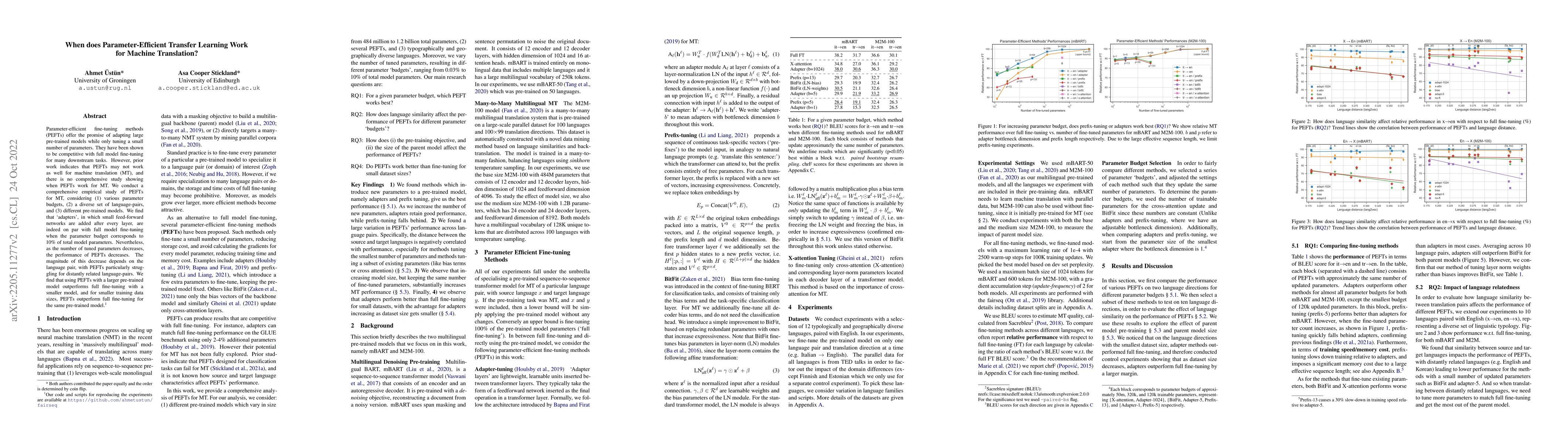 Thumbnail for When does Parameter-Efficient Transfer Learning Work for Machine
  Translation?