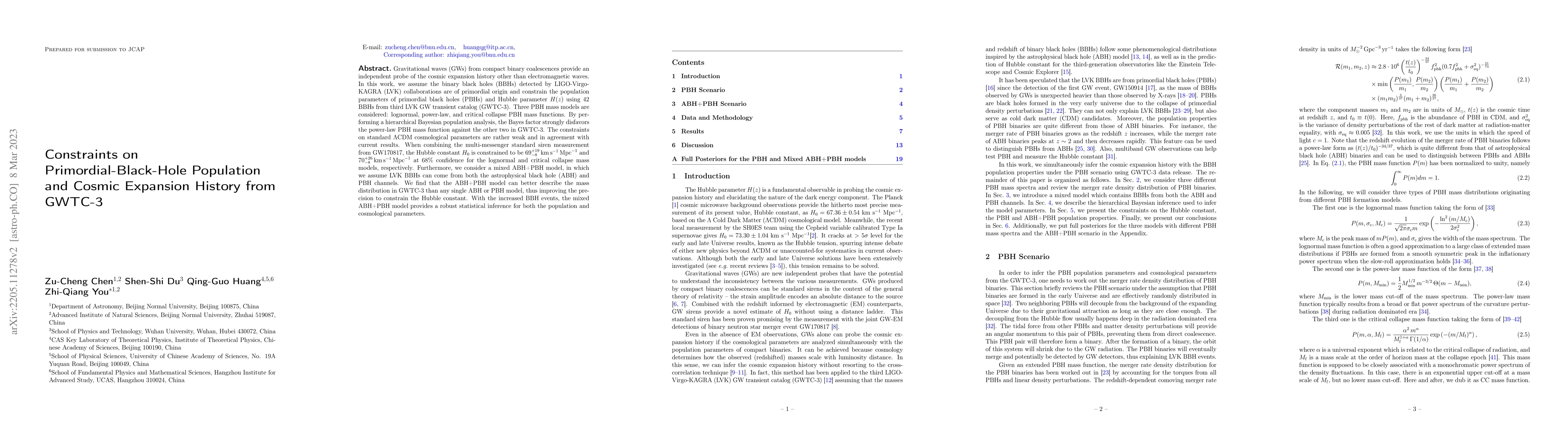 Thumbnail for Constraints on Primordial-black-hole Population and Cosmic Expansion
  History from GWTC-3