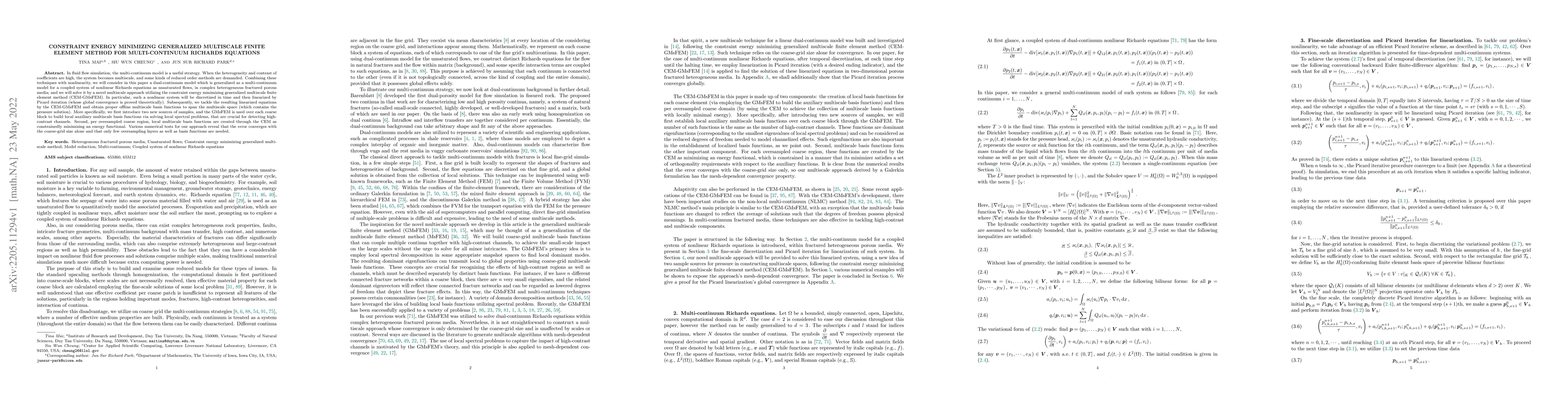 Thumbnail for Constraint Energy Minimizing Generalized Multiscale Finite Element
  Method for multi-continuum Richards equations