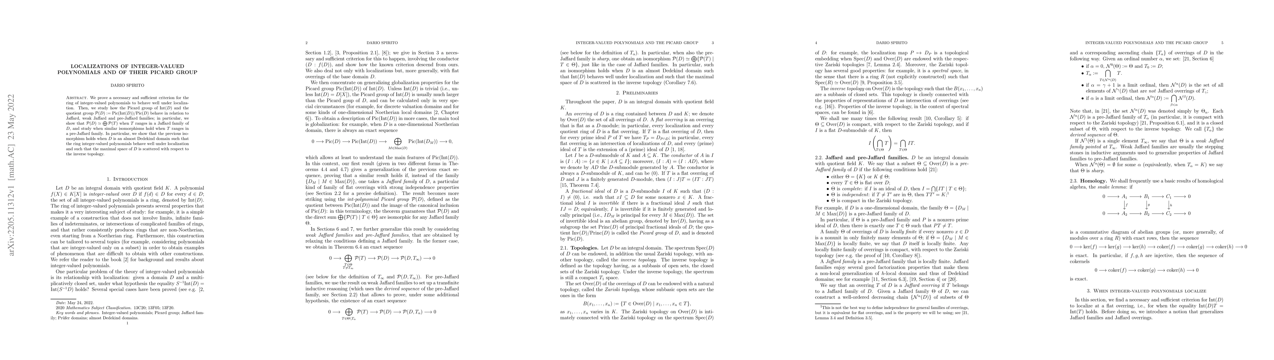 Thumbnail for Localizations of integer-valued polynomials and of their Picard group