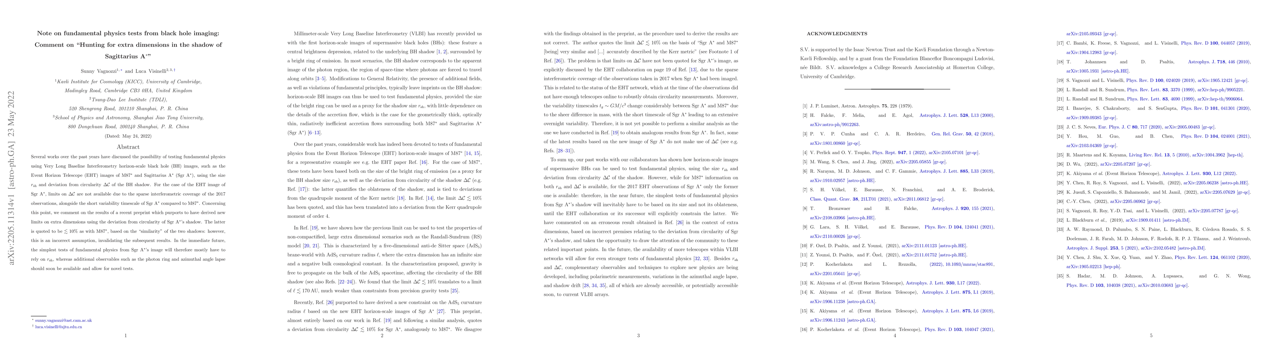 Thumbnail for Note on fundamental physics tests from black hole imaging: Comment on
  "Hunting for extra dimensions in the shadow of Sagittarius A$^*$"