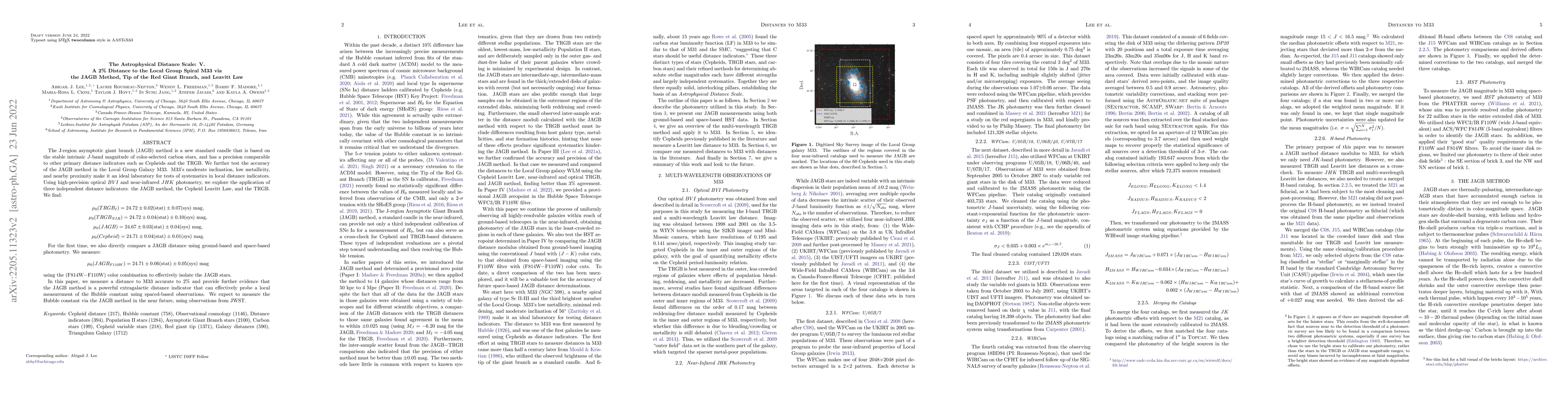 Thumbnail for The Astrophysical Distance Scale: V. A 2% Distance to the Local Group
  Spiral M33 via the JAGB Method, Tip of the Red Giant Branch, and Leavitt Law
