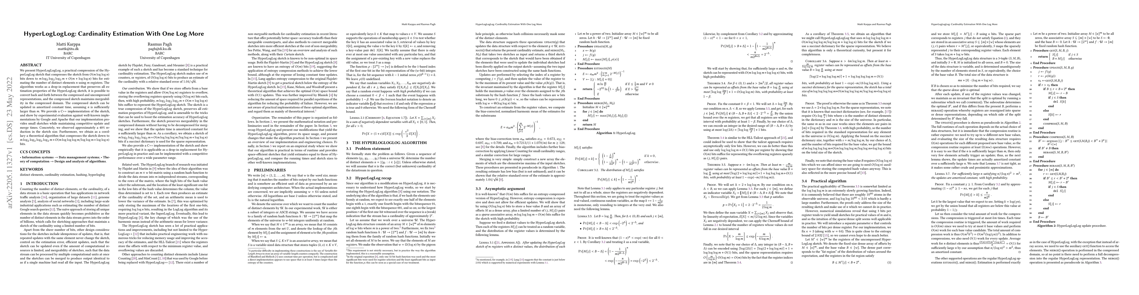 Thumbnail for HyperLogLogLog: Cardinality Estimation With One Log More