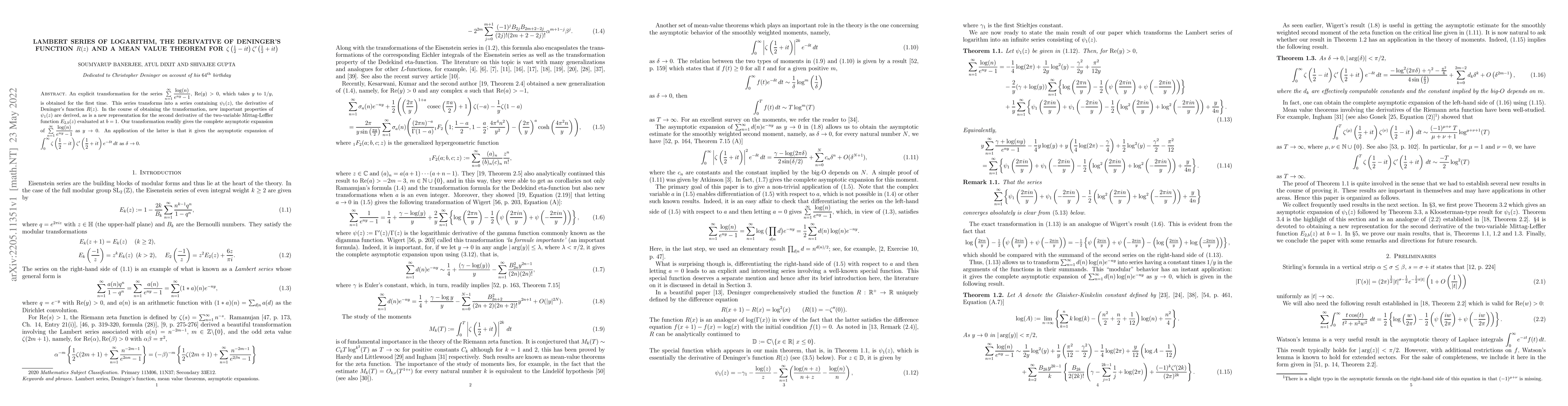 Thumbnail for Lambert series of logarithm, the derivative of Deninger's function
  $R(z)$ and a mean value theorem for
  $\zeta\left(\frac{1}{2}-it\right)\zeta'\left(\frac{1}{2}+it\right)$