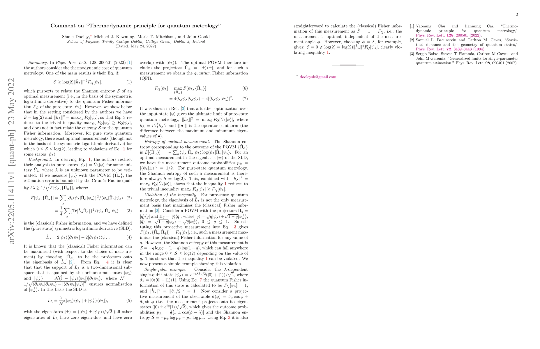 Thumbnail for Comment on "Thermodynamic Principle for Quantum Metrology"