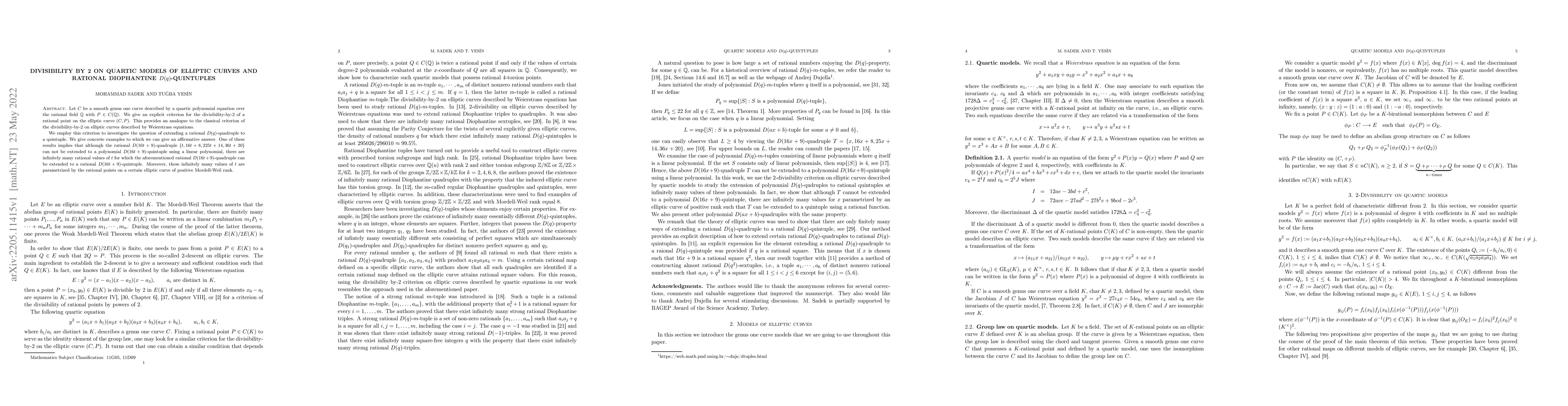 Thumbnail for Divisibility by 2 on quartic models of elliptic curves and rational
  Diophantine $D(q)$-quintuples