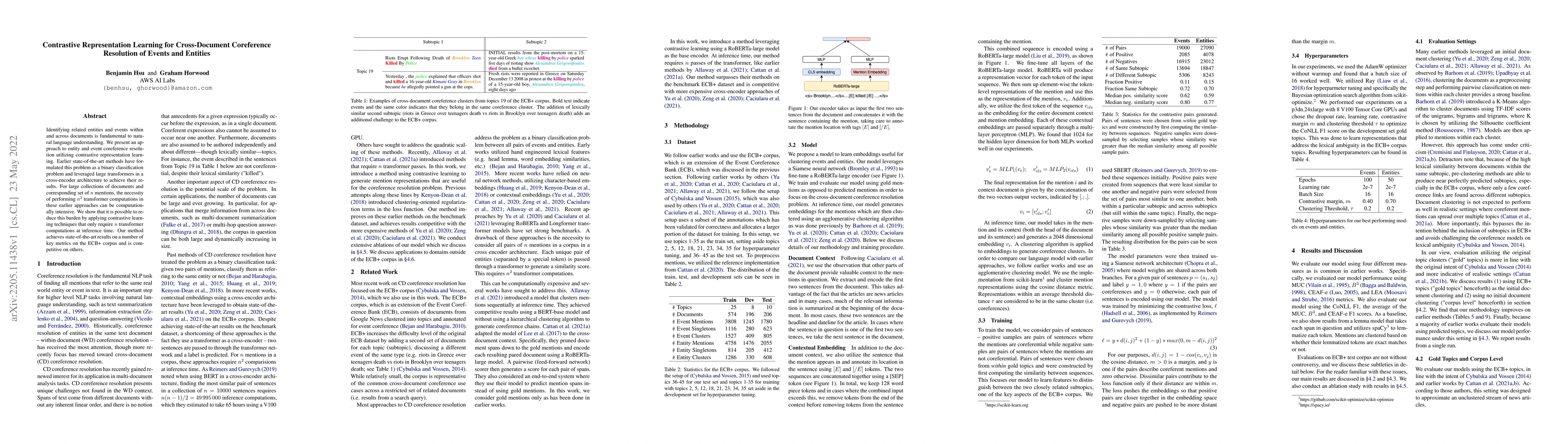 Thumbnail for Contrastive Representation Learning for Cross-Document Coreference
  Resolution of Events and Entities
