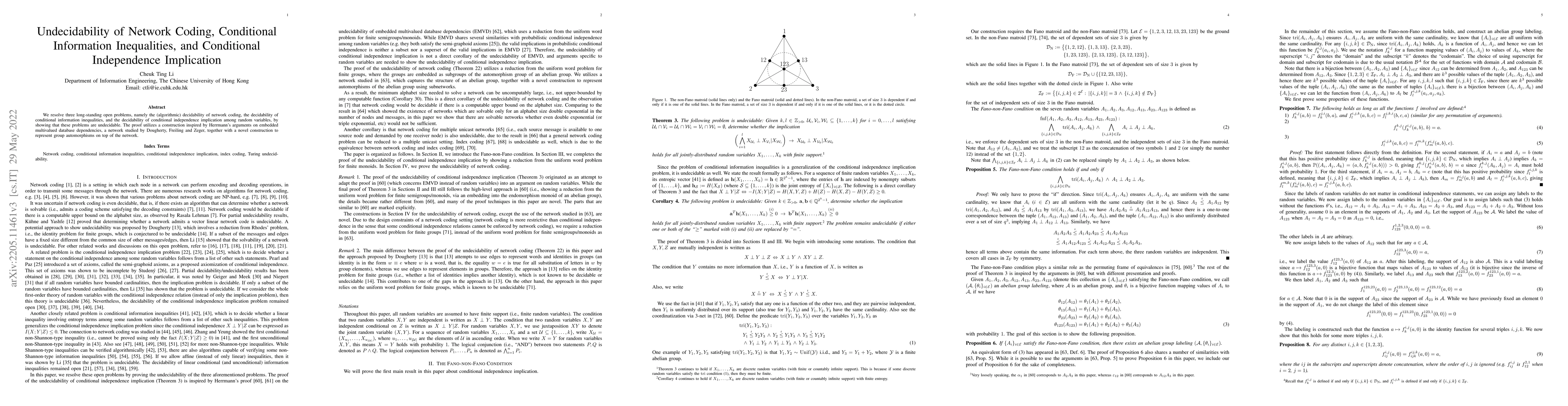 Thumbnail for Undecidability of Network Coding, Conditional Information Inequalities,
  and Conditional Independence Implication