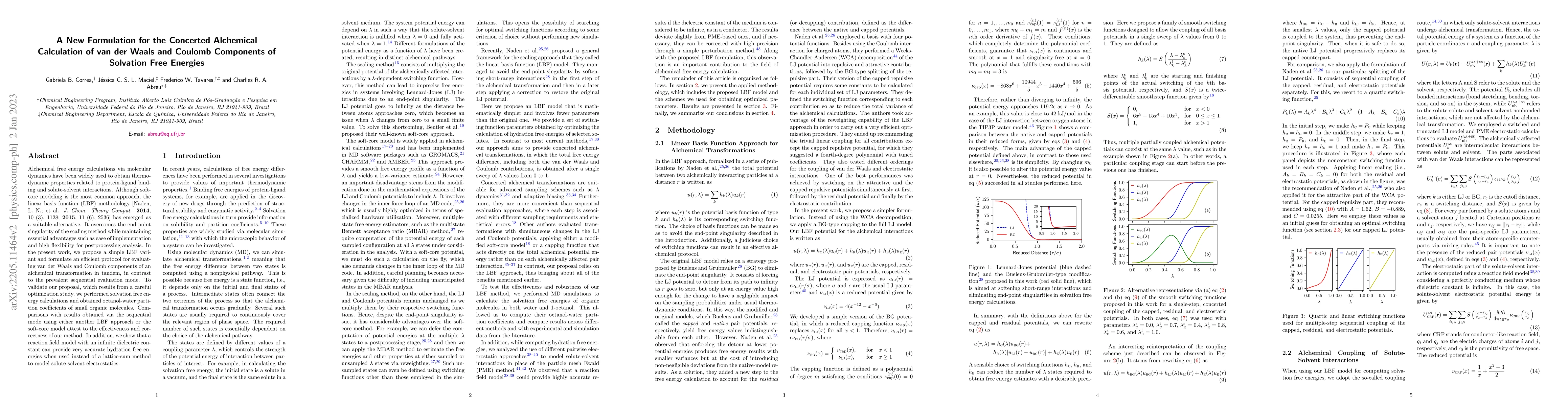 Thumbnail for A New Formulation for the Concerted Alchemical Calculation of van der
  Waals and Coulomb Components of Solvation Free Energies