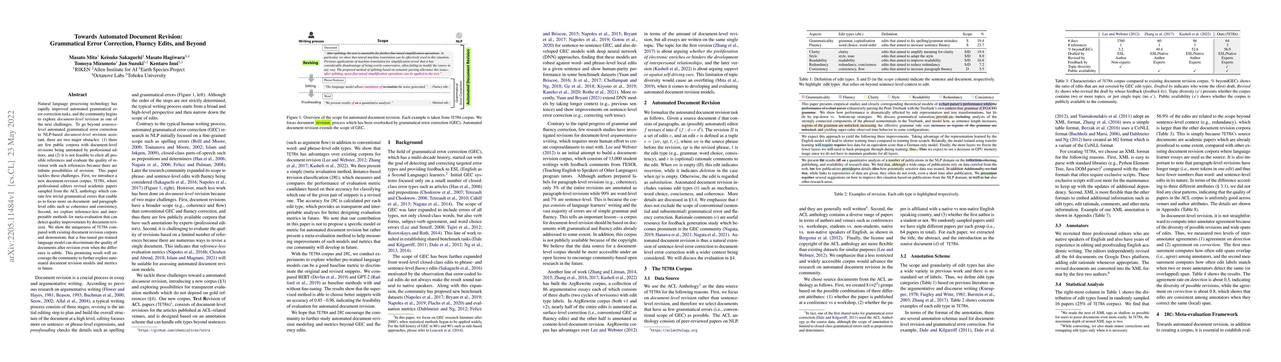 Thumbnail for Towards Automated Document Revision: Grammatical Error Correction,
  Fluency Edits, and Beyond