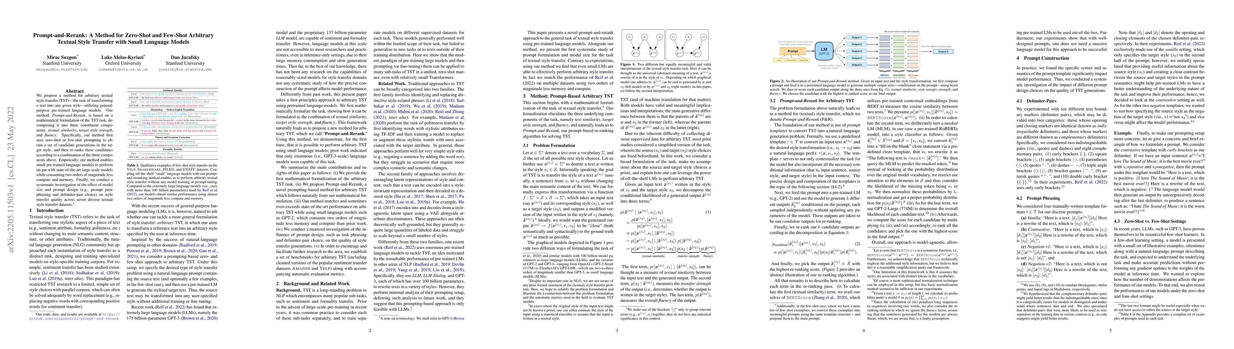 Thumbnail for Prompt-and-Rerank: A Method for Zero-Shot and Few-Shot Arbitrary Textual
  Style Transfer with Small Language Models