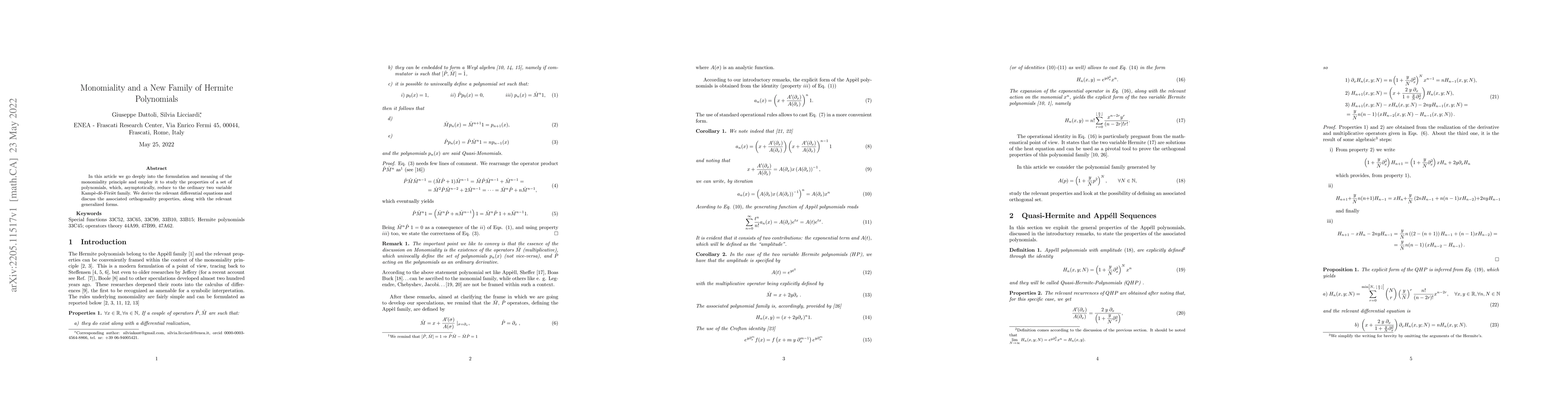 Thumbnail for Monomiality and a New Family of Hermite Polynomials