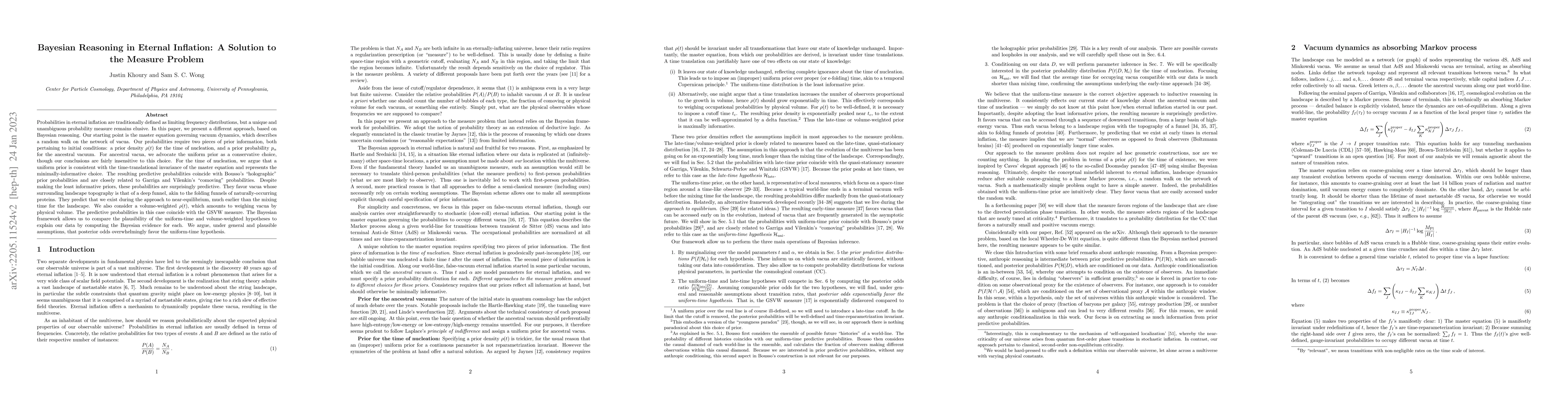 Thumbnail for Bayesian Reasoning in Eternal Inflation: A Solution to the Measure
  Problem