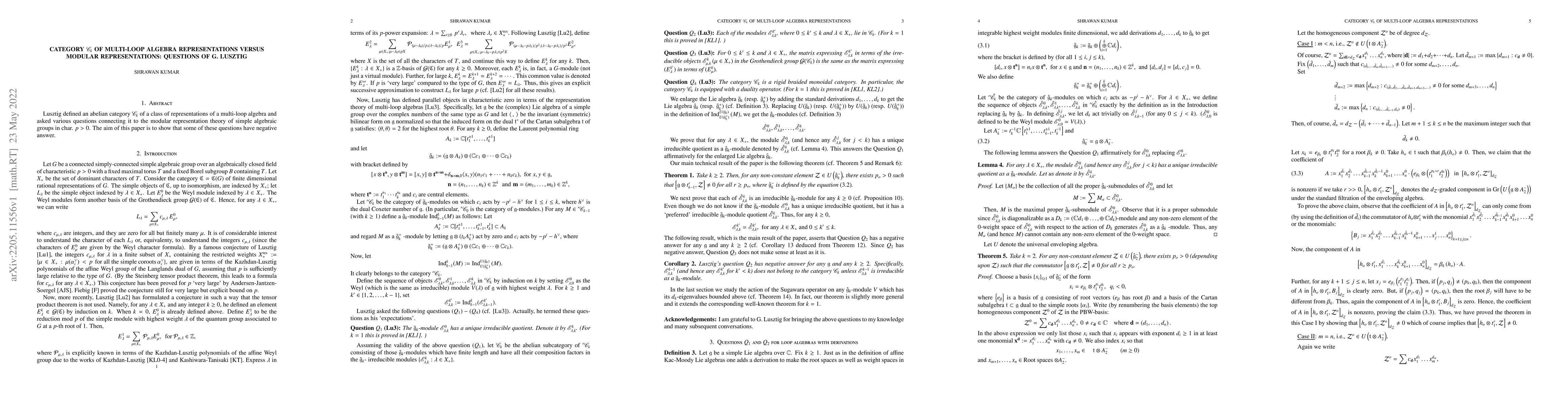 Thumbnail for Category ${\mathscr{C}}_{k}$ of multi-loop algebra representations
  versus modular representations: Questions of G. Lusztig