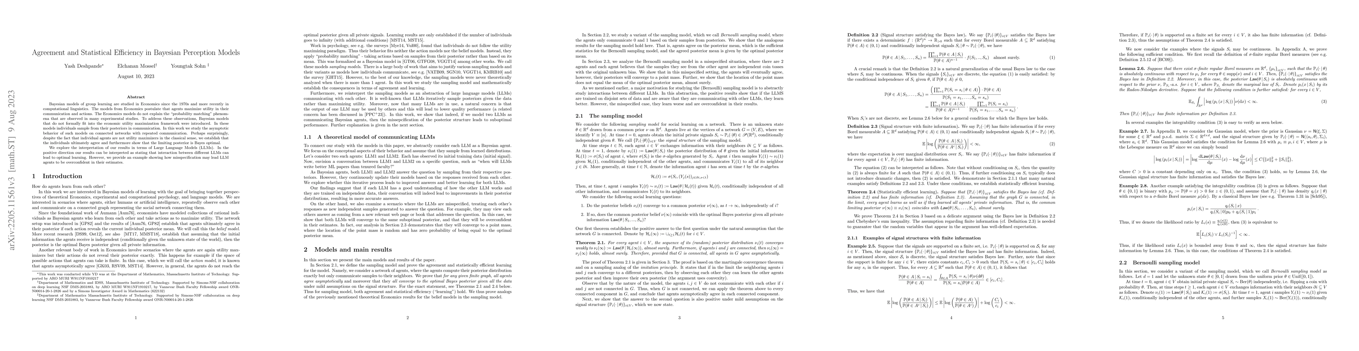 Thumbnail for Agreement and Statistical Efficiency in Bayesian Perception Models